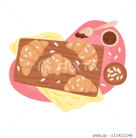 Croissants wooden board cups coffee, breakfast scene. Fresh baked pastries hot drinks, top view vector illustration 111422246