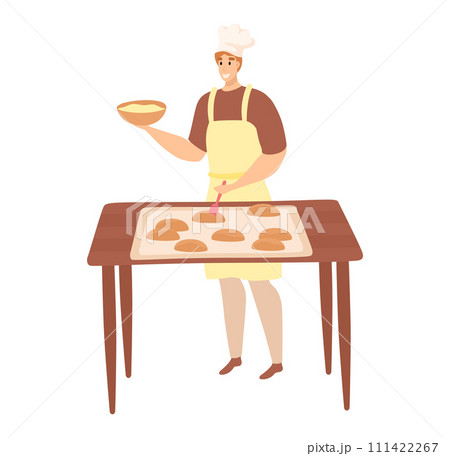 Chef glazing pastries baking sheet kitchen. Male baker apron chefs hat preparing cookies. Baking culinary skills vector illustration 111422267