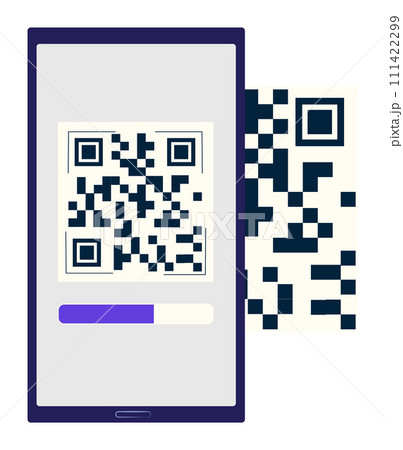 Smartphone scanning QR code, technology concept, electronic device screen. QR code scanning process smartphone, payment, secure transaction. Mobile phone reads code, identification 111422299