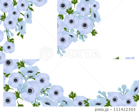 Floral corner design light blue anemone flowers green leaves. Anemone invitation card border isolated white background. Gentle watercolor flower frame wedding stationery 111422303