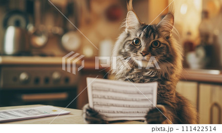 書類を見る猫 111422514