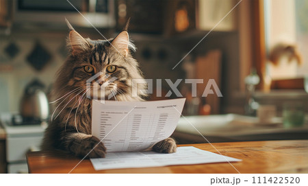 書類を見る猫 111422520