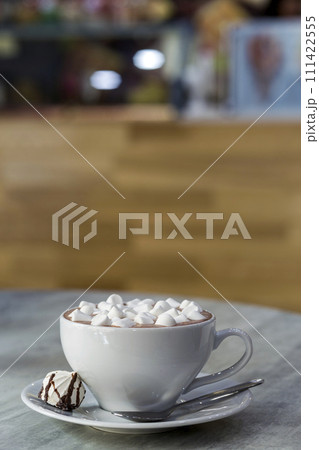 Composition of mug of coffee with marshmallows on porcelain plate on light background, top view. Composition of mug of coffee with marshmallows on porcelain plate on light background, top view. 111422555