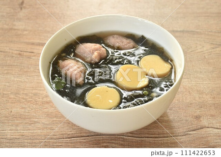 boiled egg tofu with mashed pork and seaweed soup on bowl  111422653