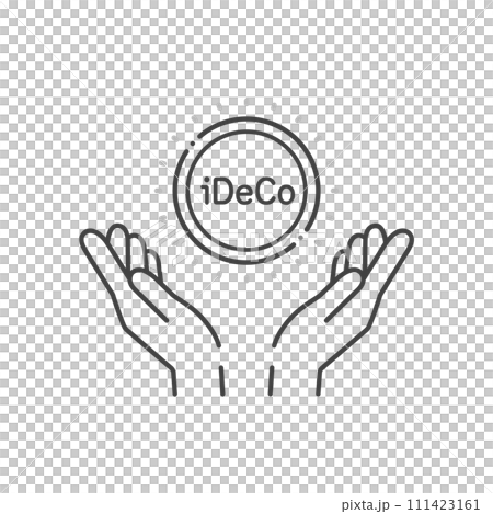 iDeCo text and icon of a person's hand holding a coin - simple image material for management and asset formation 111423161