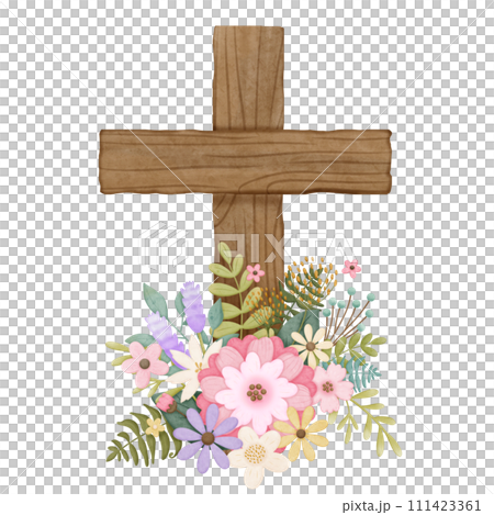 Hand draw wooden cross with flowers, Easter illustration Hand draw wooden cross with flowers, Easter illustration 111423361