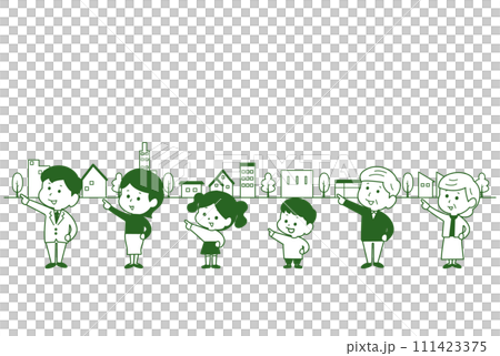 Two families pointing in front of the cityscape 111423375
