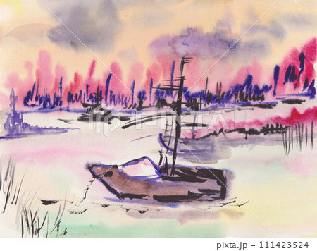 fantasy landscape with river at sunset 111423524