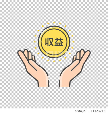 収益の文字とコインを持っている人の手のアイコン - シンプルな総収入・マネタイズのイメージ素材 収益の文字とコインを持っている人の手のアイコン - シンプルな総収入・マネタイズのイメージ素材 111423716