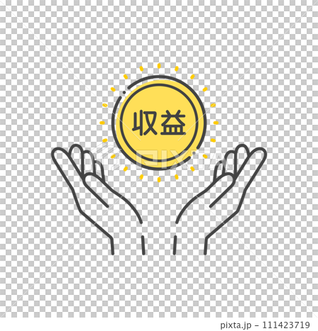 收入詞和一個人手裡拿著硬幣的圖標-簡單的總收入/貨幣化圖像材料 111423719