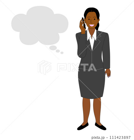 携帯で話す黒人女性,白背景 携帯で話す黒人女性,白背景 111423897