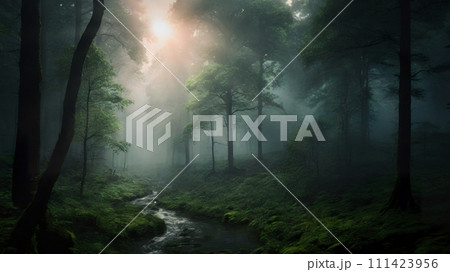 Beautiful green forest, dark mode tones, long exposure picture, small river. AI-generated item 111423956