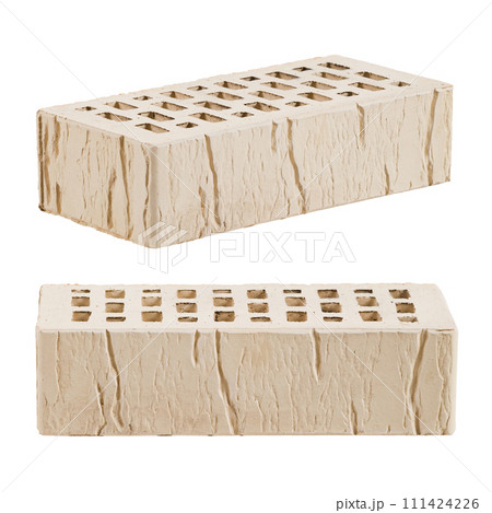 Beige ceramic brick is isolated on a white background. Decorative pattern is old cracks. 111424226