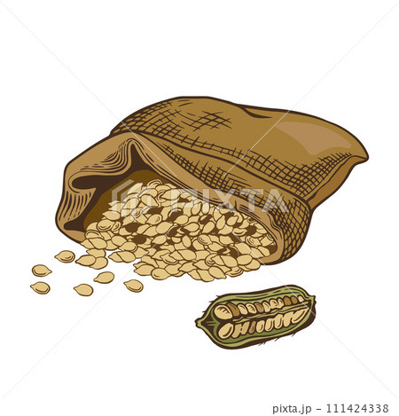 Jute bag with white sesame seeds isolated on white background. 111424338