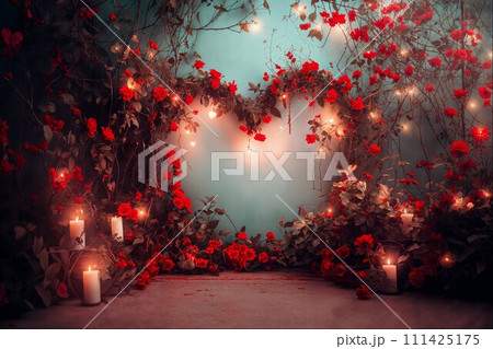 AI-generated content. Enchanted Rose Arch with Heart Lights and Candles 111425175