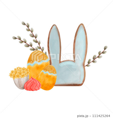 Hand-drawn watercolor composition of Happy Easter. Cute rabbit, willow twigs, colored eggs and spring flowers. Spring holiday illustration 111425264