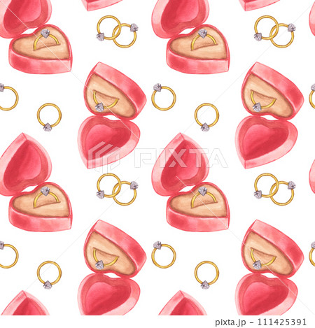 Valentine's Day seamless pattern. Box with gold ring diamond, case marriage proposal, love forever, wedding. Hand-drawn watercolor illustration background. For textile, print, wrapping Valentine's Day seamless pattern. Box with gold ring diamond, case marriage proposal, love forever, wedding. Hand-drawn watercolor illustration background. For textile, print, wrapping 111425391