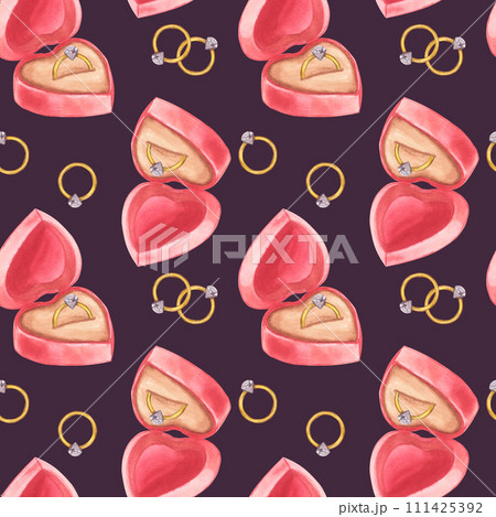 Valentine's Day seamless pattern. Box with gold ring diamond, case marriage proposal, love forever, wedding. Design for February 14. Hand-drawn watercolor illustration on dark background. Valentine's Day seamless pattern. Box with gold ring diamond, case marriage proposal, love forever, wedding. Design for February 14. Hand-drawn watercolor illustration on dark background. 111425392