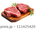 Fresh raw meat steaks on cutting board isolated on white background 111425420