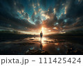 Lonely man standing in fantasy landscape with shining cloudy sky 111425424