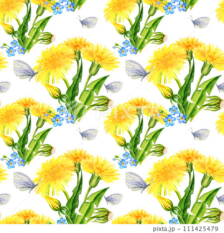 watercolor seamless pattern with summer field flowers, hand draw illustration of yellow dandelions and blow balls, leaves, herbs, butterfly and forget-me-not flower on white background 111425479