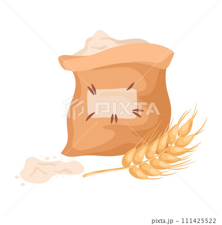 Sack flour ear wheat spilled powder side. Baking ingredients concept. Agriculture bakery staple vector illustration 111425522