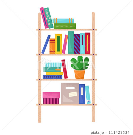 Wooden bookshelf colorful books, folders, plant. Organized shelf reading materials office supplies. Home library study room decor vector illustration Wooden bookshelf colorful books, folders, plant. Organized shelf reading materials office supplies. Home library study room decor vector illustration 111425534