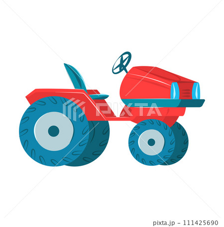 Red cartoon tractor oversized wheels, isolated white. Childrens toy farm vehicle design. Simple machine kids vector illustration 111425690
