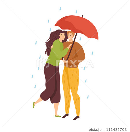 Couple sharing red umbrella rain, woman hugging man, both smiling, rainy weather, love togetherness. Romantic moment, happy relationship, autumn scene vector illustration 111425708