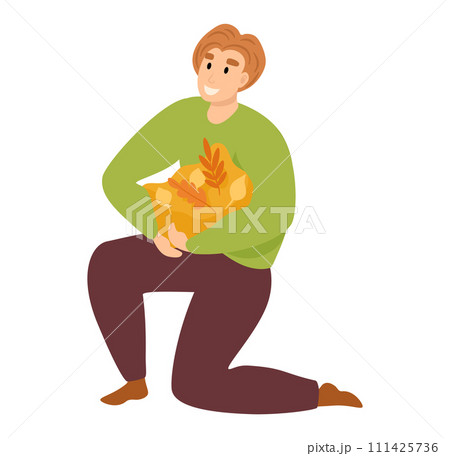 Caucasian male kneels holding grocery paper bag full bread leaves. Grocery shopping sustainable packaging vector illustration 111425736