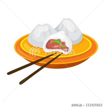 Description Vector illustration Asian dumplings, also known dim sum, orange plate. One dumpling cut open showing meat vegetable filling, alongside chopsticks, style cartoonish, suitable menu art 111425822