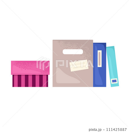 Colorful binders folders standing upright. Office supplies organization document storage vector illustration Colorful binders folders standing upright. Office supplies organization document storage vector illustration 111425887