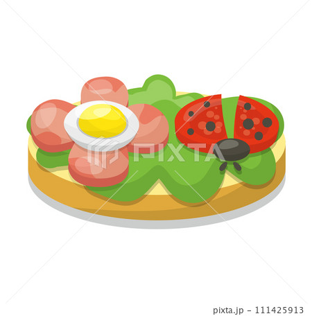 Cartoon toast avocado, tomato, egg, ladybug design. Healthy breakfast food vector illustration cute insect 111425913