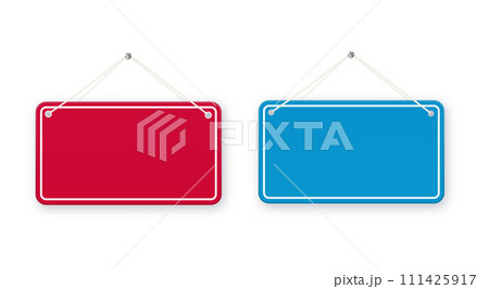 Red and blue shop door signs hanging isolated . Empty or blank sign for store, restaurant or cafe. Vector 111425917