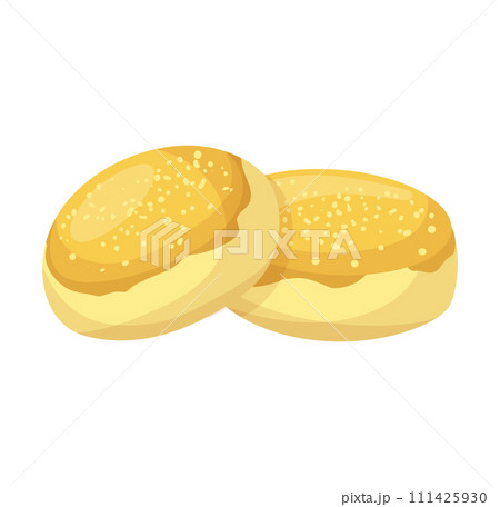 Two golden brown bakery bread rolls sesame seeds. Fresh baked goods, breakfast bakery product vector illustration 111425930