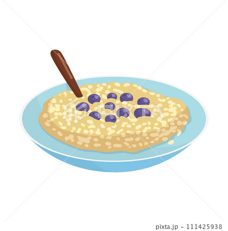 Bowl oatmeal blueberries spoon light background. Healthy breakfast food, oat porridge vector illustration Bowl oatmeal blueberries spoon light background. Healthy breakfast food, oat porridge vector illustration 111425938