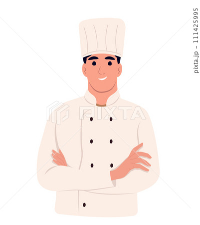 Chef in uniform with hat background. Chef restaurant and hotel. Smiling young chef standing with crossed arms. Chef in uniform with hat background. Chef restaurant and hotel. Smiling young chef standing with crossed arms. 111425995