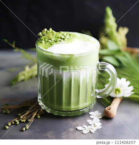 Matcha latte as part of a morning routine. Warm hues and soft shadows Matcha latte as part of a morning routine. Warm hues and soft shadows 111426257