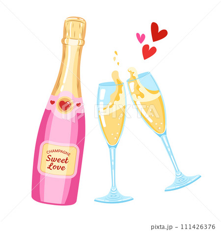 Hand drawn vector illustration of pink champagne bottle and glasses for valentine's day. Festive sparkling wine bottle and glasses with hearts.  111426376