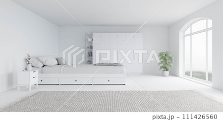 A White Bedroom With a Large Window and a Bed 3d render illustration A White Bedroom With a Large Window and a Bed 3d render illustration 111426560