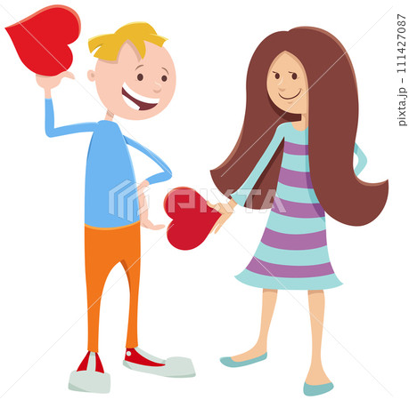 cartoon girl and boy characters on Valentines Day 111427087