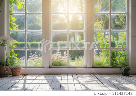 White tall window sill with summer garden on background 111427148