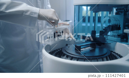 Scientist puts blood samples from tube rack into medical device Scientist puts blood samples from tube rack into medical device 111427401