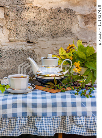 Book, autumn leaves flowers, tea cup on wooden bench, green wild grape branch. Warm herbal drink.White porcelain tea-set 111427429