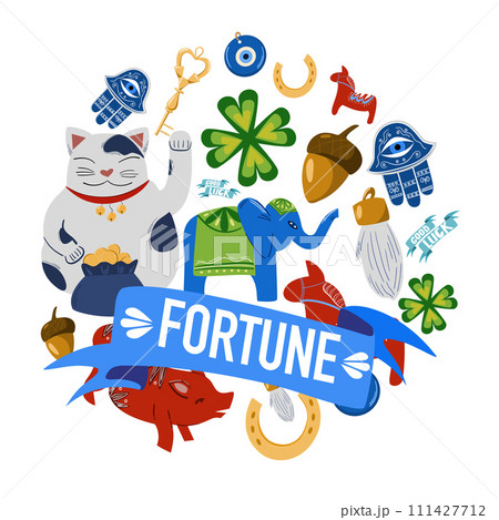Vector illustration of good fortune symbols: four-leaf clover, horseshoe, maneki neko , acorn, key. 111427712