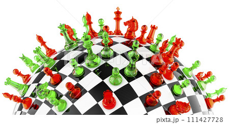 Colored glass chess pieces on the sheckered sphere, 3D rendering 111427728