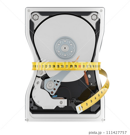 Capacity storage HDD, concept. Hard Disk Drive with measure tape around, 3D rendering 111427757