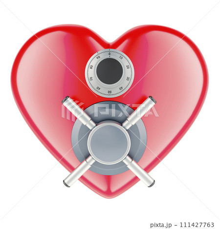 Red heart with safe combination lock and metal handle safe. 3D rendering 111427763