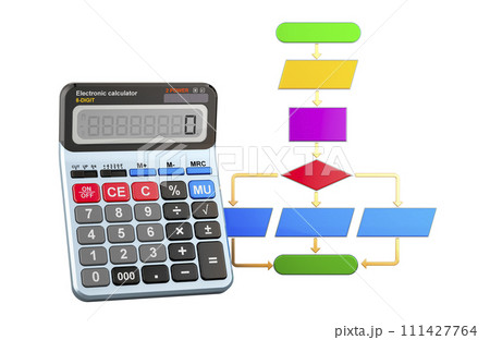 Calculator with Algorithm. 3D rendering Calculator with Algorithm. 3D rendering 111427764