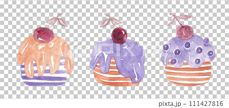 Cupcake with cherries. Watercolor layer cake set Cupcake with cherries. Watercolor layer cake set 111427816